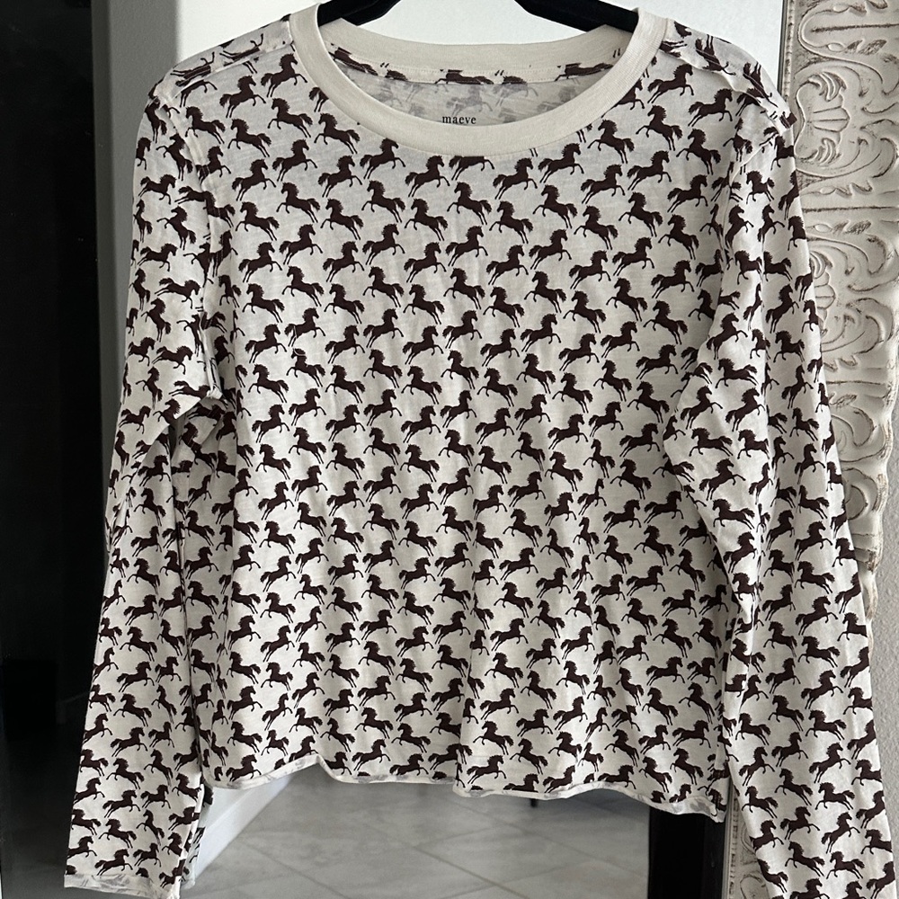 Anthropologie Maeve Horse Print Cream and Brown Long Sleeve Tee